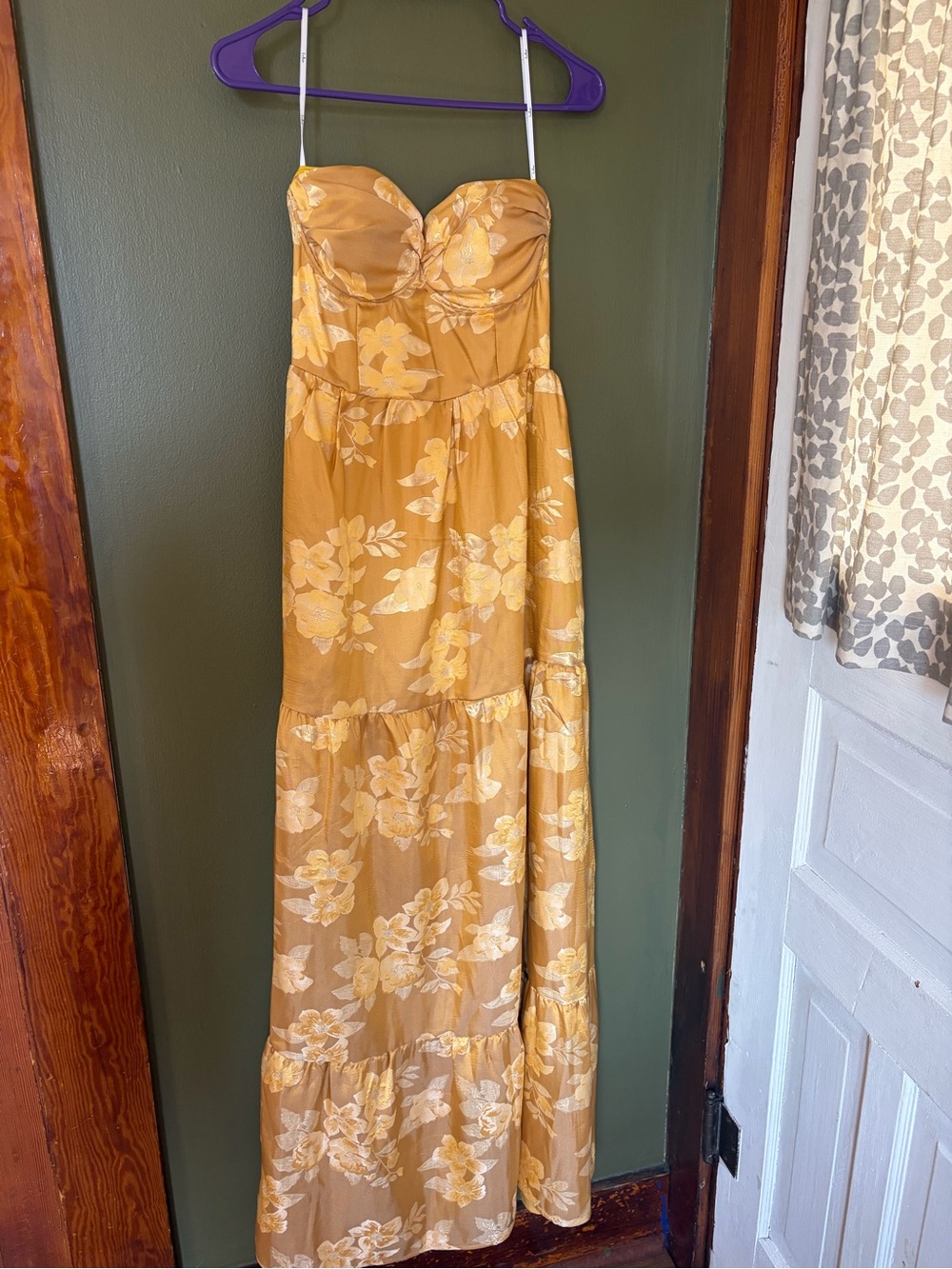 Lulu's Mustard Yellow Floral Strapless Maxi Dress